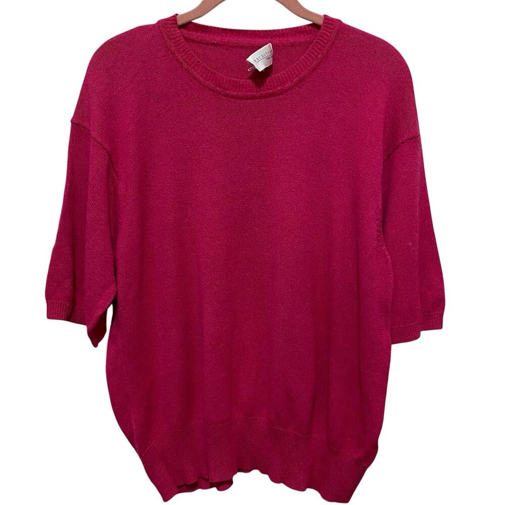 VINTAGE Nordstrom Fuchsia Pink Short Sleeve Sweater 1980s Size LARGE Lightweight